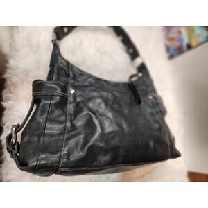 Vintage Fossil Black Gray Leather Thread Stitched Side Buckles Shoulder Bag Hobo